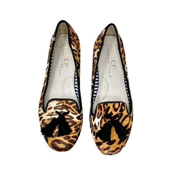 Charles Philip Shanghai Leopard Calf Hair Tassel Smoking Loafer Slip-On Flats 7 - Picture 7 of 12